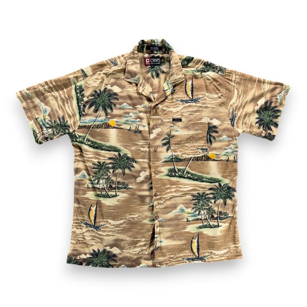 Vintage Chaps Ralph Lauren Hawaiian Shirt Adult LARGE Brown Tropical Scenic Y2K